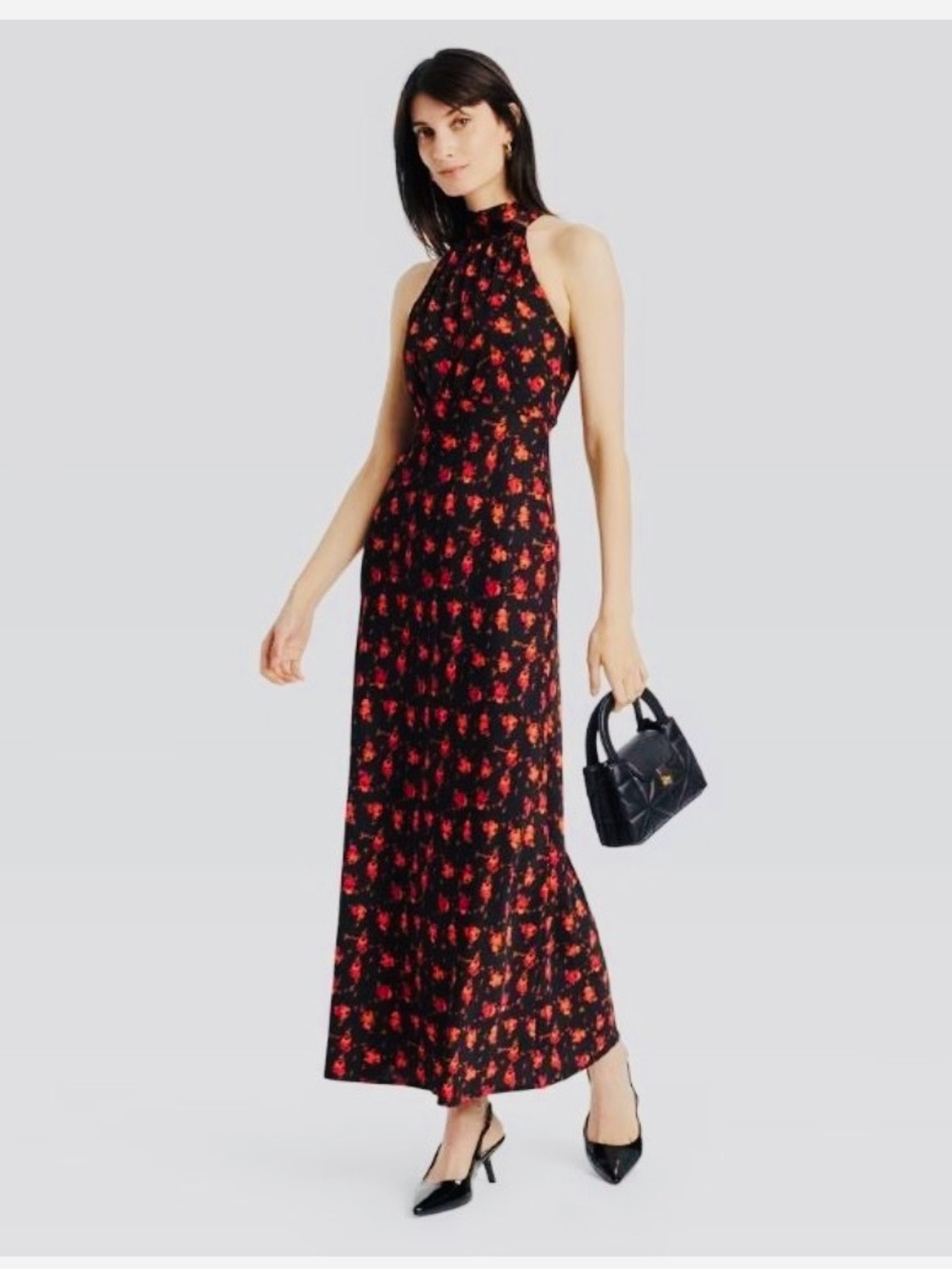 Black Floral Maxi Skirt with Orange & Red Accents